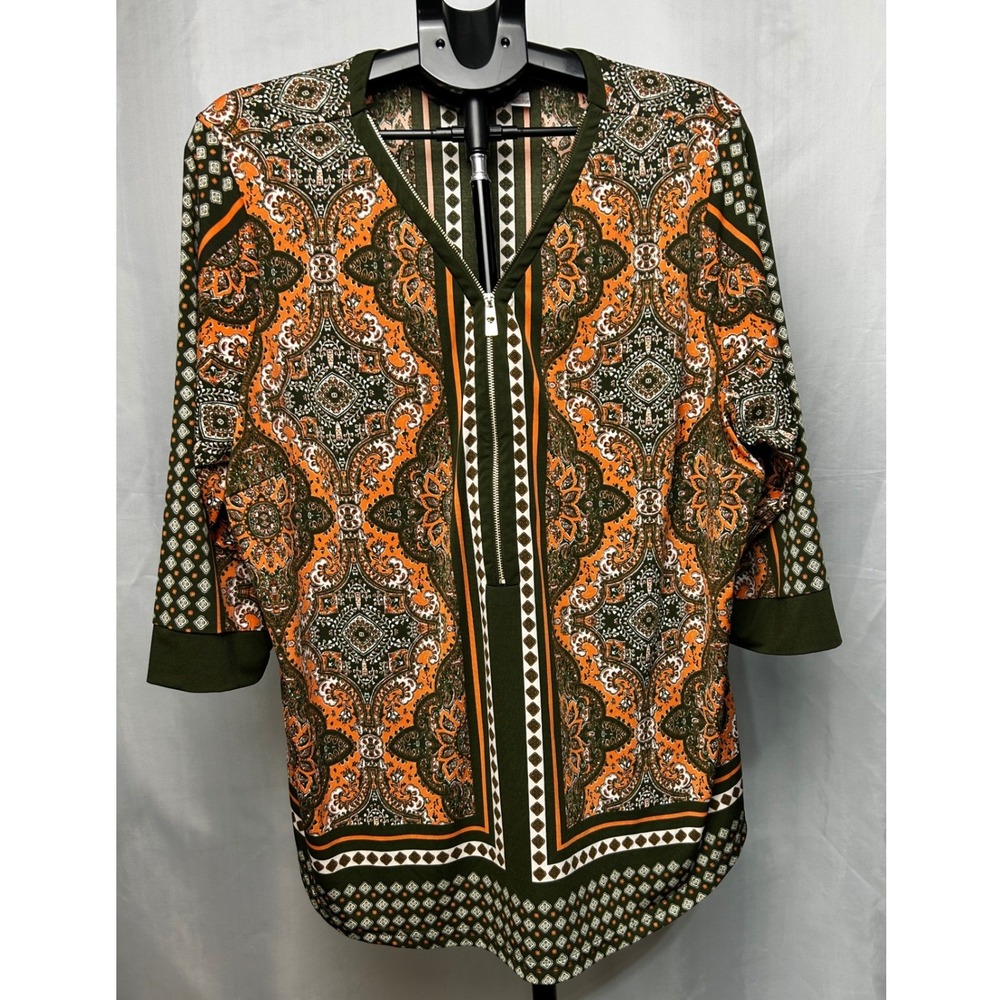 Belle by Kim Gravel Top Orange XL Paisley Quarter Zip 3/4 Sleeve Knit Tunic